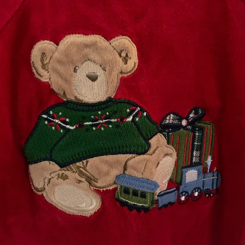 Little Me Baby Red Velour Christmas Teddy Bear Train Romper 9M Holiday Jumpsuit - Picture 3 of 7